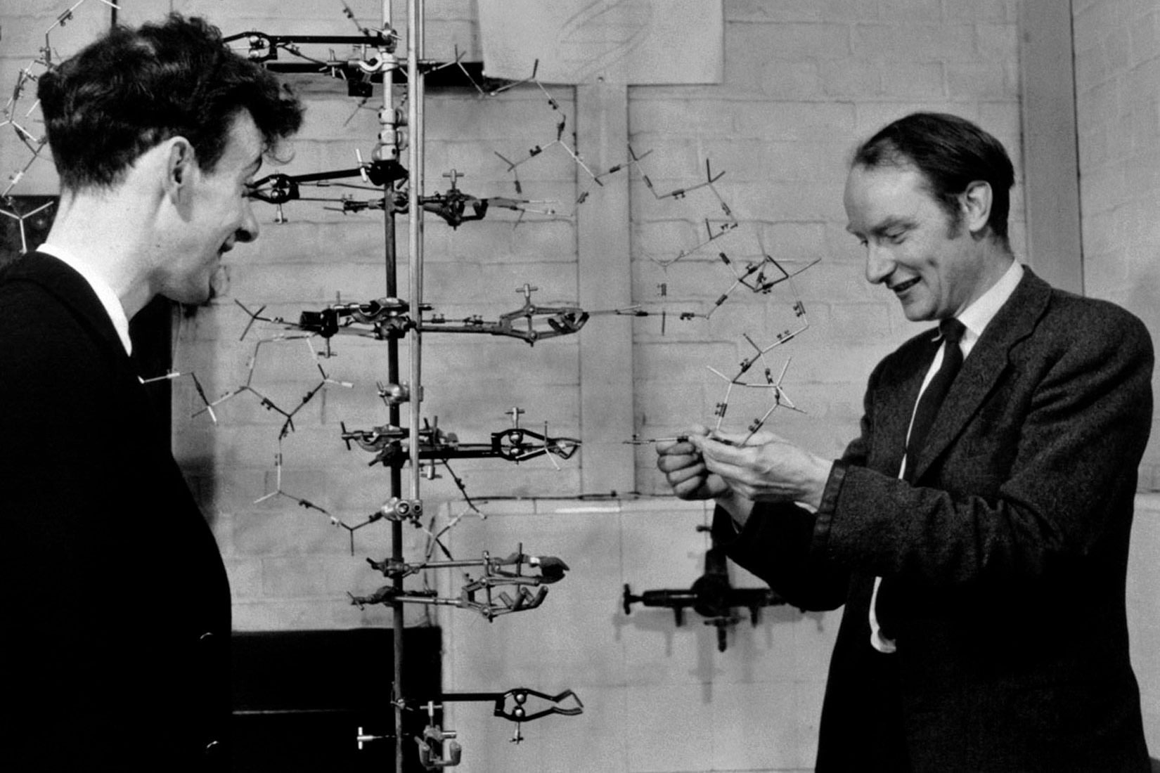 Fotografija prikazuje znanstvenike James Watsona i Francis Cricka. Na lijevoj strani stoji James Watson, a na desnoj Francis Crick, oboje obučeni u odjela. Između njih se nalazi model DNA koji znanstvenici u tom trenutku sastavljaju.