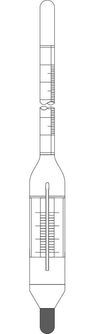 Slika prikazuje areometar, uređaj za mjerenje gustoće tekućina. Sastoji se od staklene cijevi koja je pri dnu proširena u tzv.trbuh koji sadrži uteg (olovnu sačmu, živu i sl).Pri vrhu se sužava u tzv. vrat koji sadržava mjernu ljestvicu.