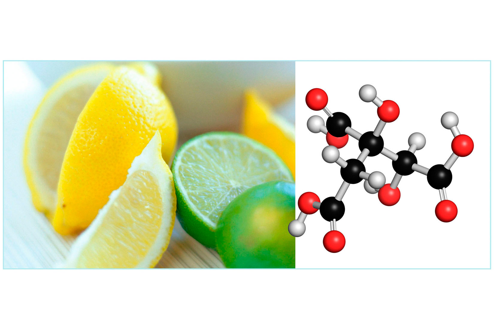 Fotografija prikazuje žuti limun i zelenu limentu prerezane na četvrtine. S desne strane je prikazana strukturna formula limunske kiseline.