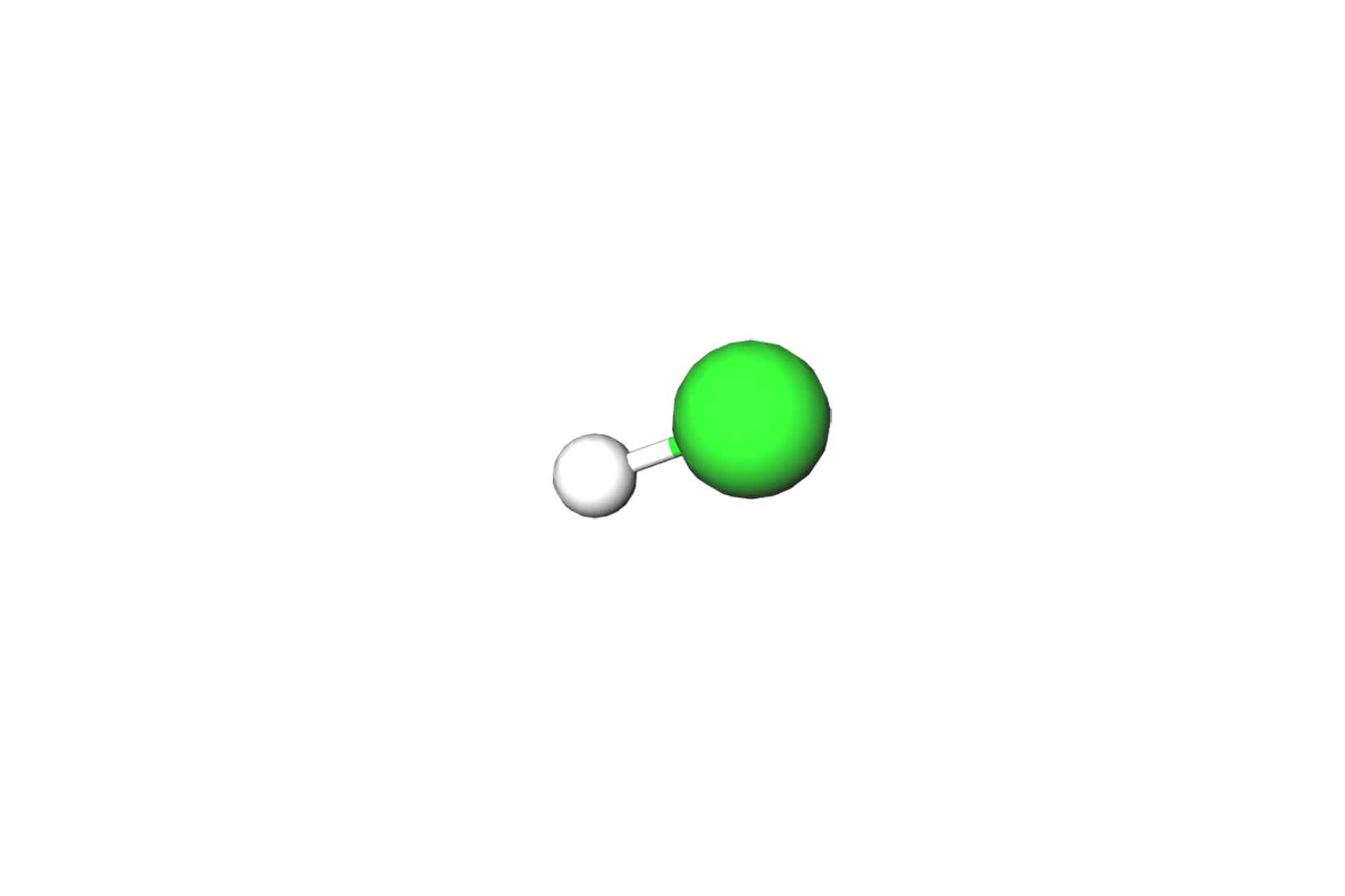 Fotografija prikazuje model klorovodika, model je izrađen od jedne velike zelene i manje bijele kuglice povezane štapićem