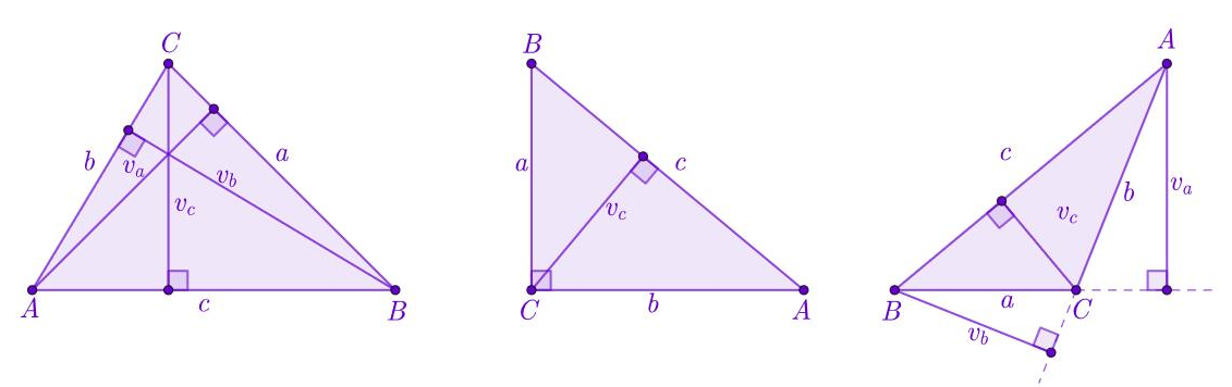 Prikazana su tri trokuta, šiljastokutan, tupokutan i pravokutan. I njihove visine. U šiljastokutnom trokutu visine su unutar trokuta, u pravokutnom trokutu prikazana je samo jedna visina, na hipotenuzu, jer su katete jedna drugoj visina. U tupokutnom trokutu dvije visine su izvan trokuta.