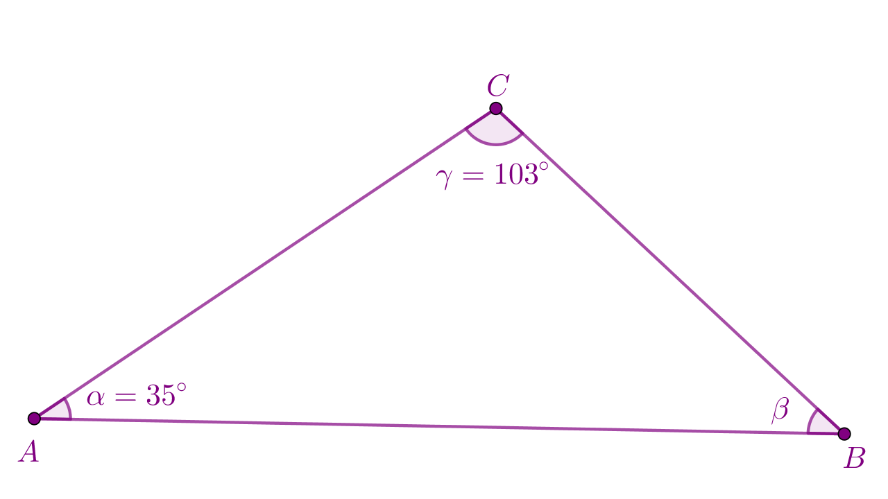 Zadatak: izračunati veličinu nepoznatog kuta u trokutu. Kut alfa iznosi 35 stupnjeva, kut gama iznosi 103 stupnjeva.