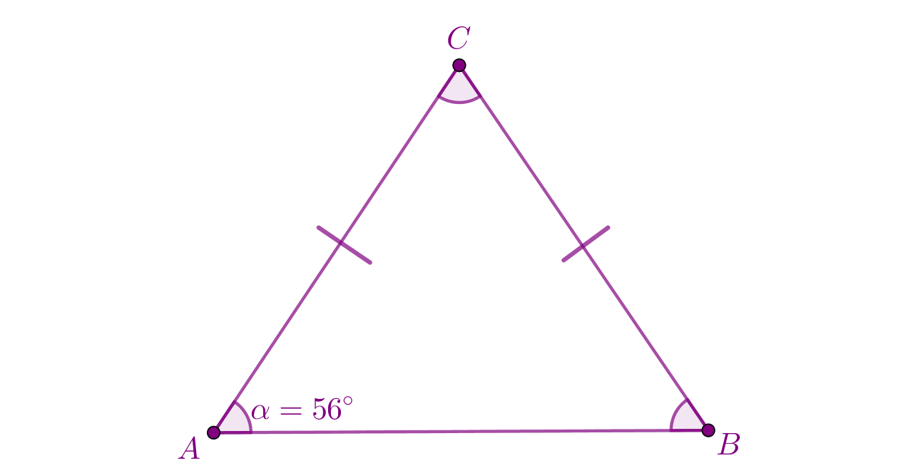 Zadatak: odredi nepoznate kutove jednakokračnog trokuta. Kut alfa iznosi 56 stupnjeva.
