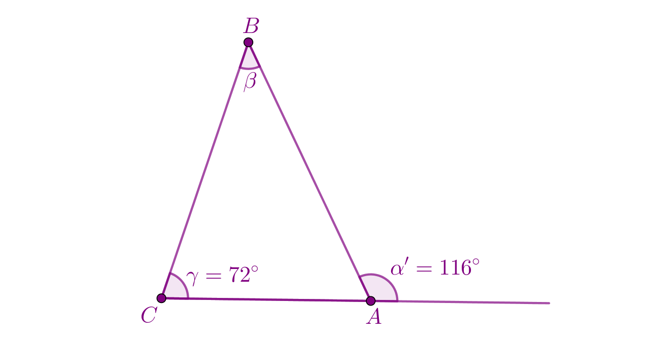 Primjer: odrediti veličinu nepoznatog kuta u trokutu, ako su poznate veličine jednog unutrašnjeg i jednog vanjskog kuta. Unutrašnji kut je 72 stupnja, vanjski je 116 stupnjeva.