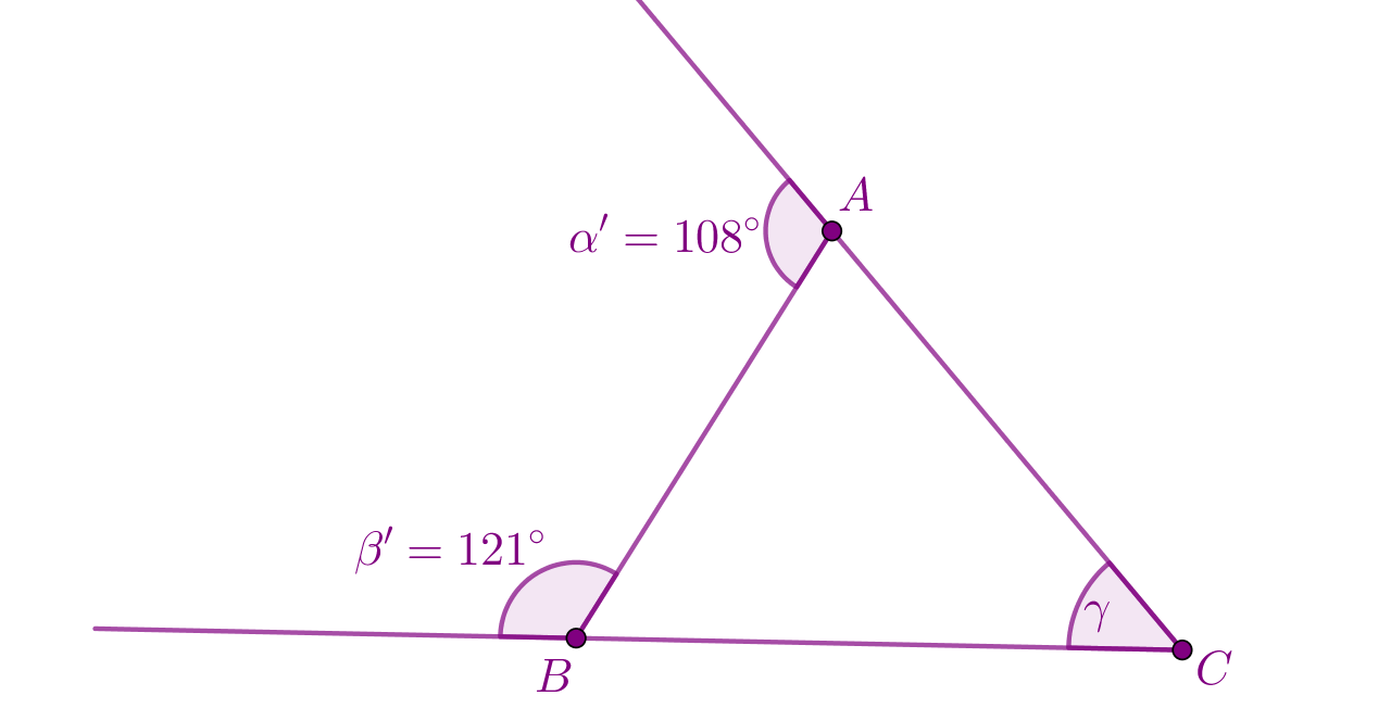 Zadatak: odrediti veličinu nepoznatog unutrašnjeg kuta u trokutu ako su poznate veličine dva vanjska kuta trokuta. Jedan je 108 stupnjeva, drugi je 121 stupanj.