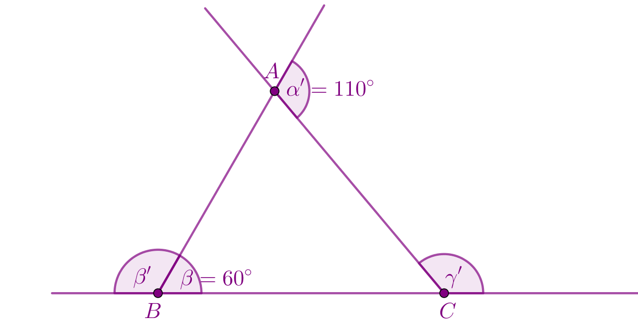 Zadatak: izračunaj vanjski kut trokuta. Alfa je 110 stupnjeva, a beta je 60 stupnjeva.