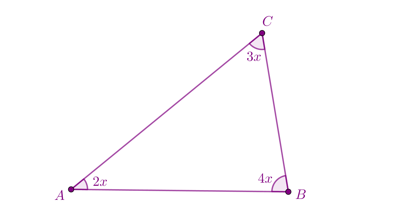 Za znatiželjne, izračunaj veličine kutova u trokutu. Kut kod točke A je dva puta veći, kut kod točke B je 4 puta veći i kut kod točke C je 3 puta veći.