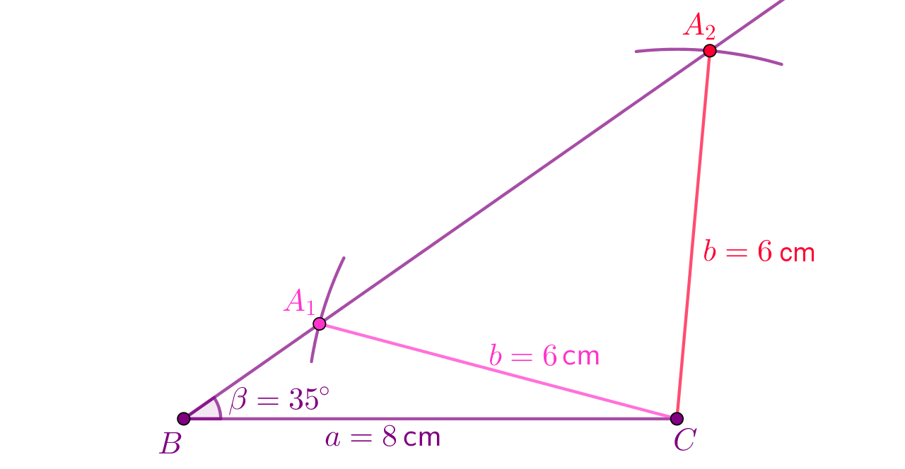 Konstruirana su dva trokuta, a = 8 cm, b = 6 cm i kutom 35° nasuprot kraće stranice b.