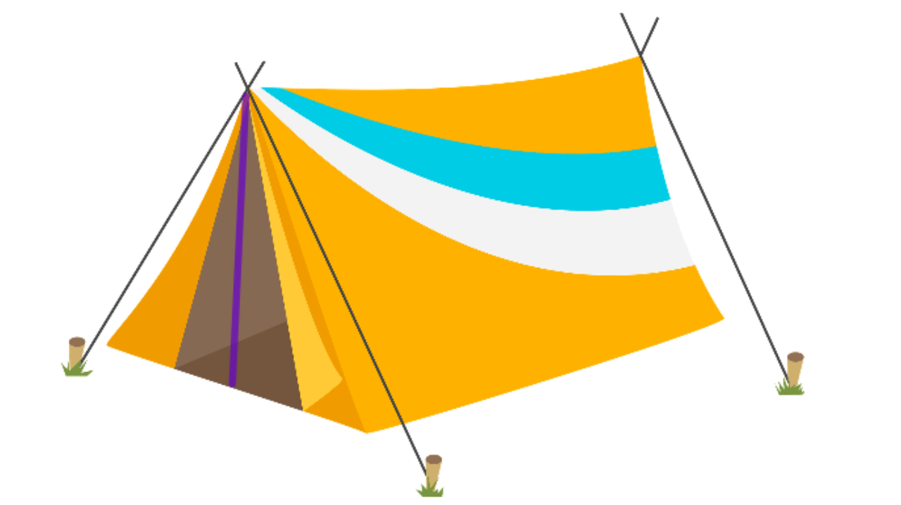 Prikazan je narančasti šator sa plavom i bijelom linijom. Na šatoru je ljubičastom linijom označena visina.