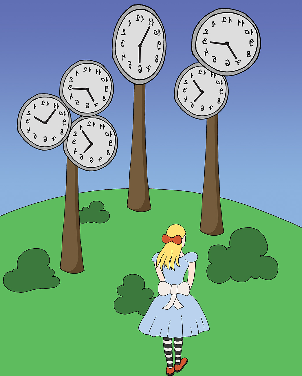 Alisa se nalazi u čudnoj šumi gdje su krošnje satovi s brojevima postavljenima zrcalno.