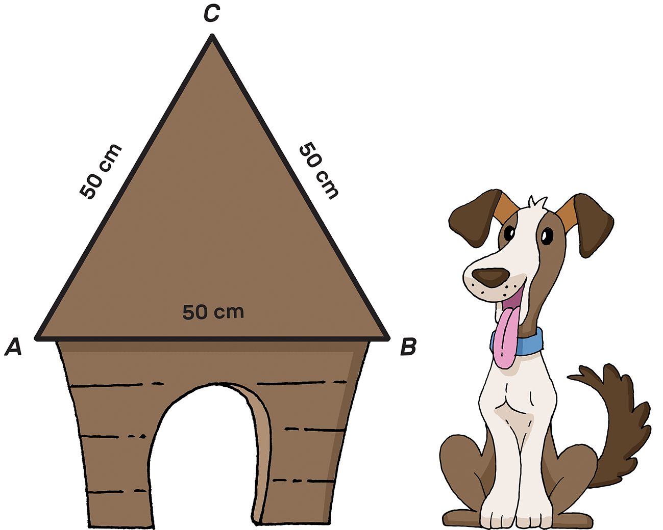 Kućica za psa ima krov oblika jednakostraničnog trokuta, ispred kućice sjedi pas