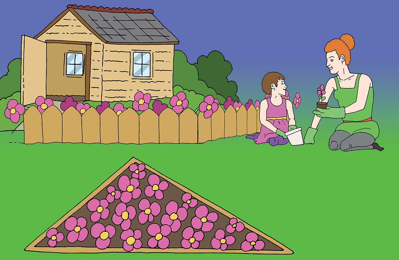 Luna i mama nalaze se pored cvjetnog vrta. Sade cvijeće šarenih boja u dio vrta koji je omeđen bijelom ogradom u obliku trokuta. Iza gredice vidi se i kuća.