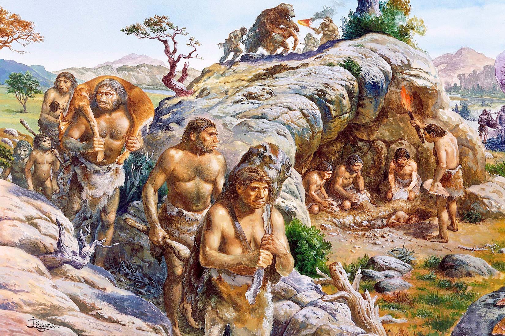 Na slici je skupina Neandertalaca. Dio se vraća iz lova s plijenom, a dio je prikazan ispod velikog kamena koji djeluje kao špilja.