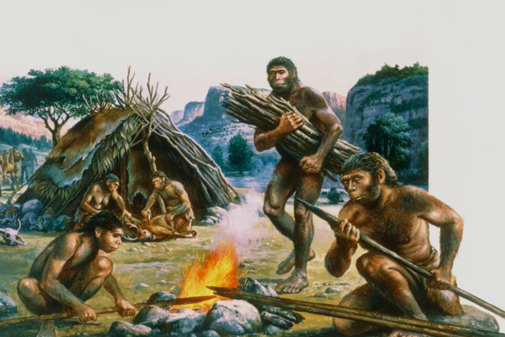 Na slici je prikaz života skupine Homo erectusa. Dvojica odraslih rade koplja paleći šiljke nad vatrom, treći donosi debele grane za izradu koplja. Iza njih se vidi šator od pruća prekriven lišćem i krznom. Ispred šatora muškarac i žena gule kožu s jelena.