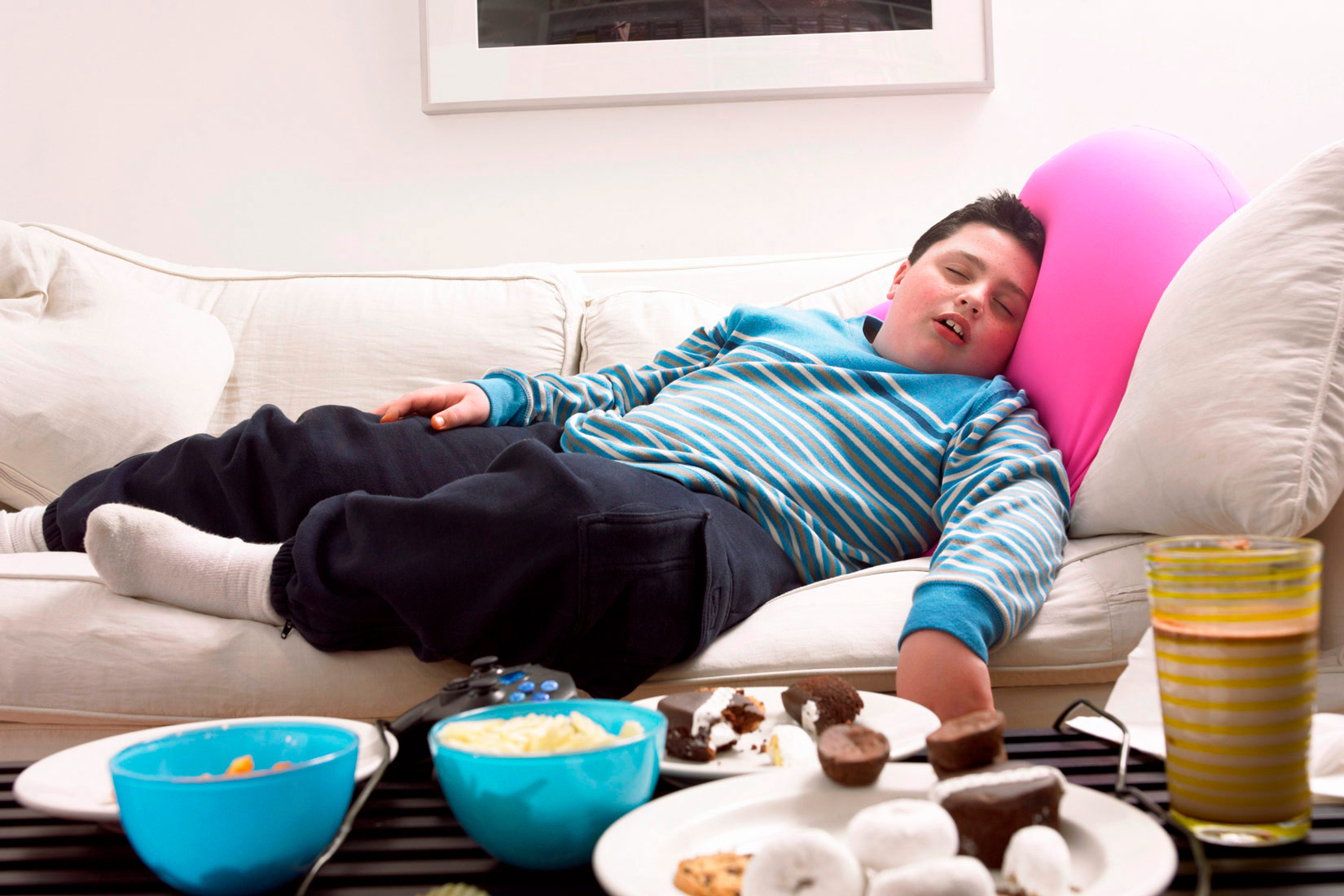 Prikazana je fotografija pretilog dječaka kako spava na trosjedu u dnevnom boravku, a ispred njega su nezdrave grickalice: čips, kolači i neki napitak u čaši.