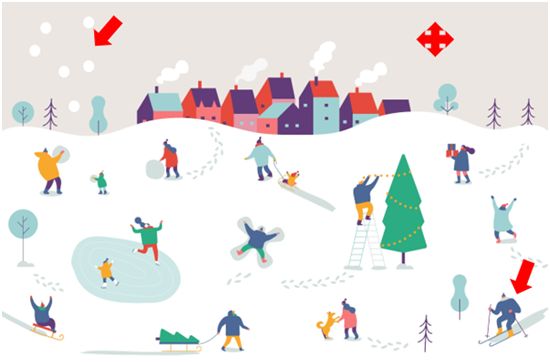 Ilustracijom se prikazuju ljudi na snijegu, aktivnosti koje rade u pozadini s kućama.