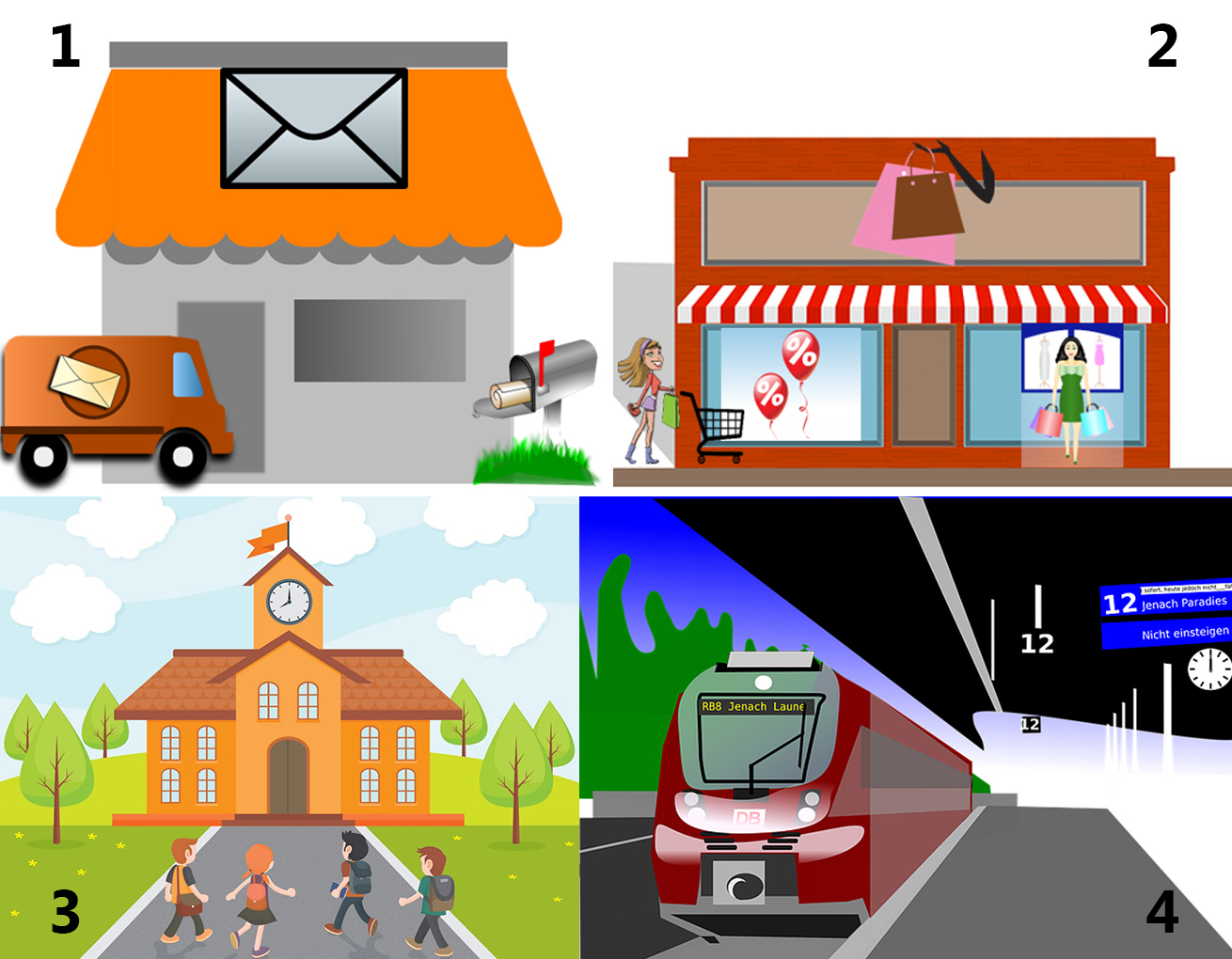 Ilustracijom se prikazuju četiri mjesta u gradu koja su numerirana: pošta (1), robna kuća (2), škola (3), kolodvor (4).