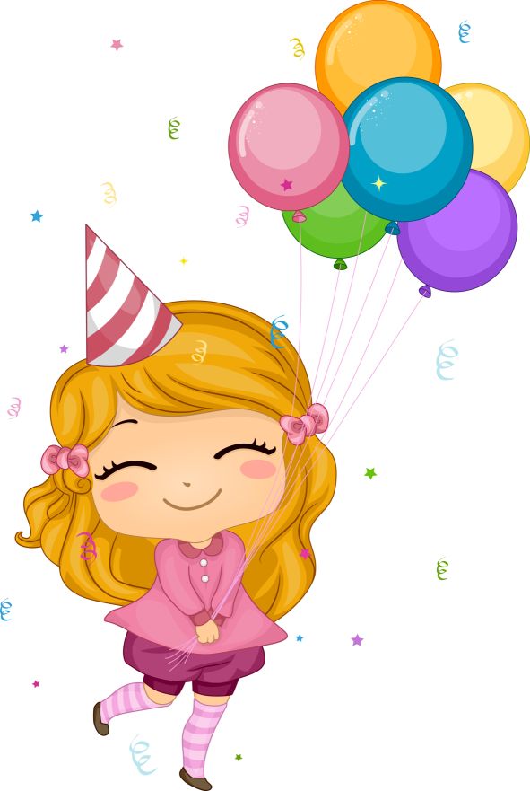 Ilustracijom je prikazana djevojčica s rođendanskim šeširom na glavi i šarenim balonima u rukama.