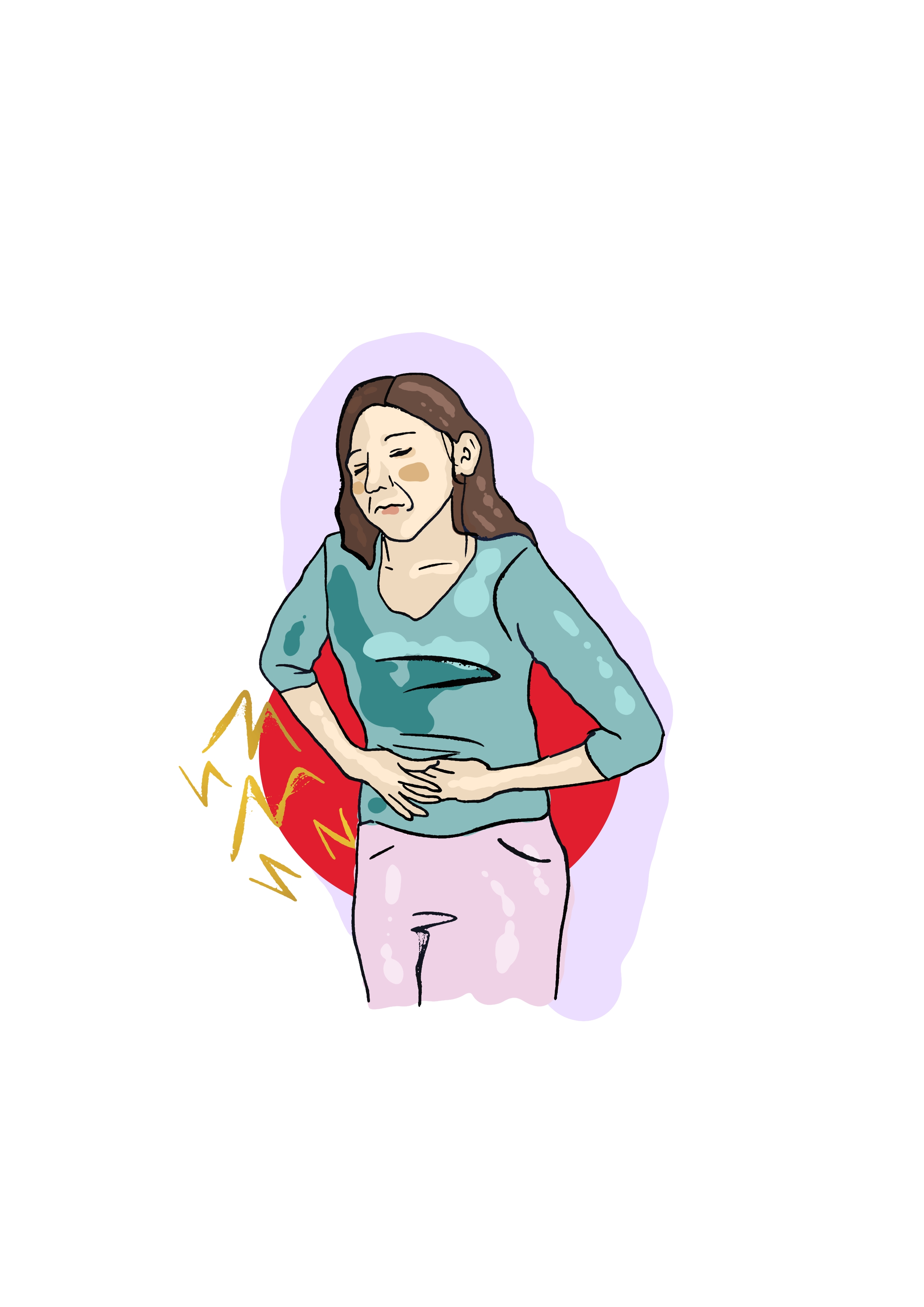 Ilustracija prikazuje djevojku koju boli trbuh.