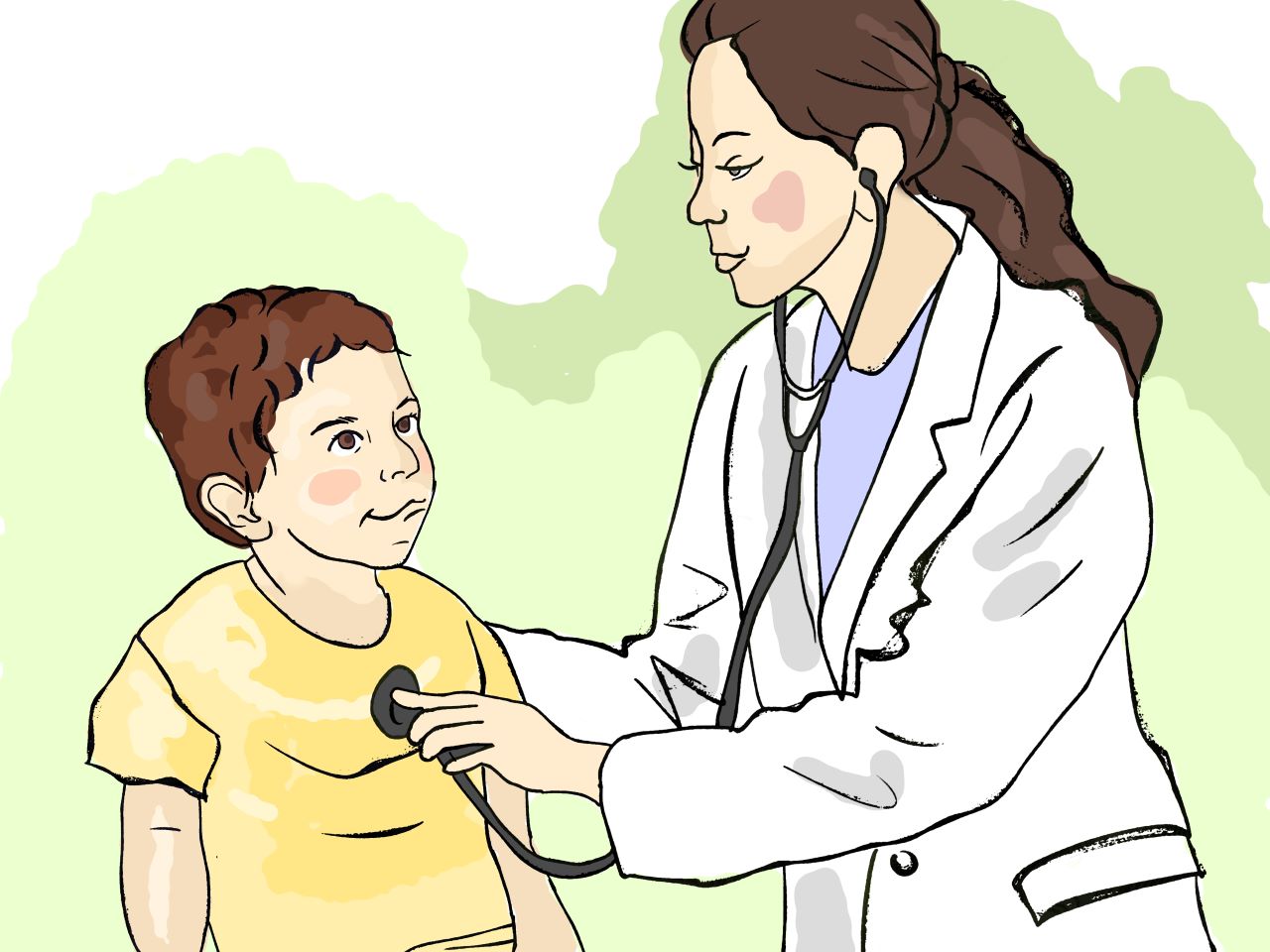 Ilustracija prikazuje liječnicu kako pregledava dječaka.