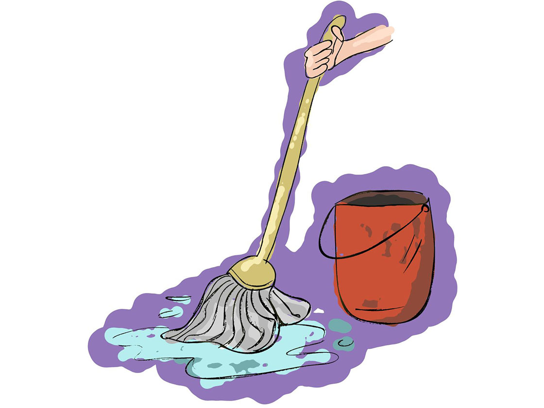 Ilustracijom je prikazano pranje poda s kantom i mopom.