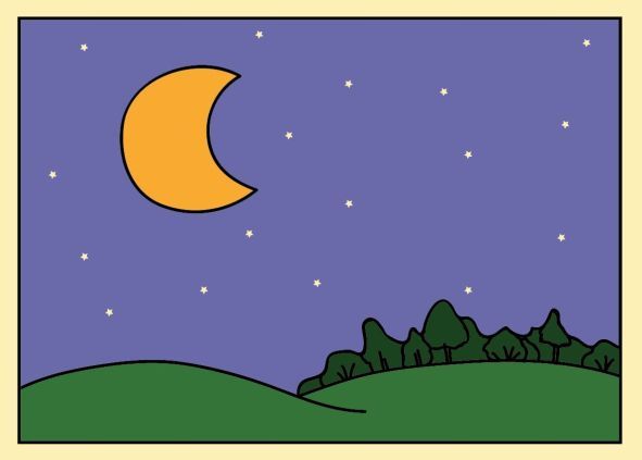 Na ilustraciji je prikazan noćni krajolik, na nebu su Mjesec i zvijezde.