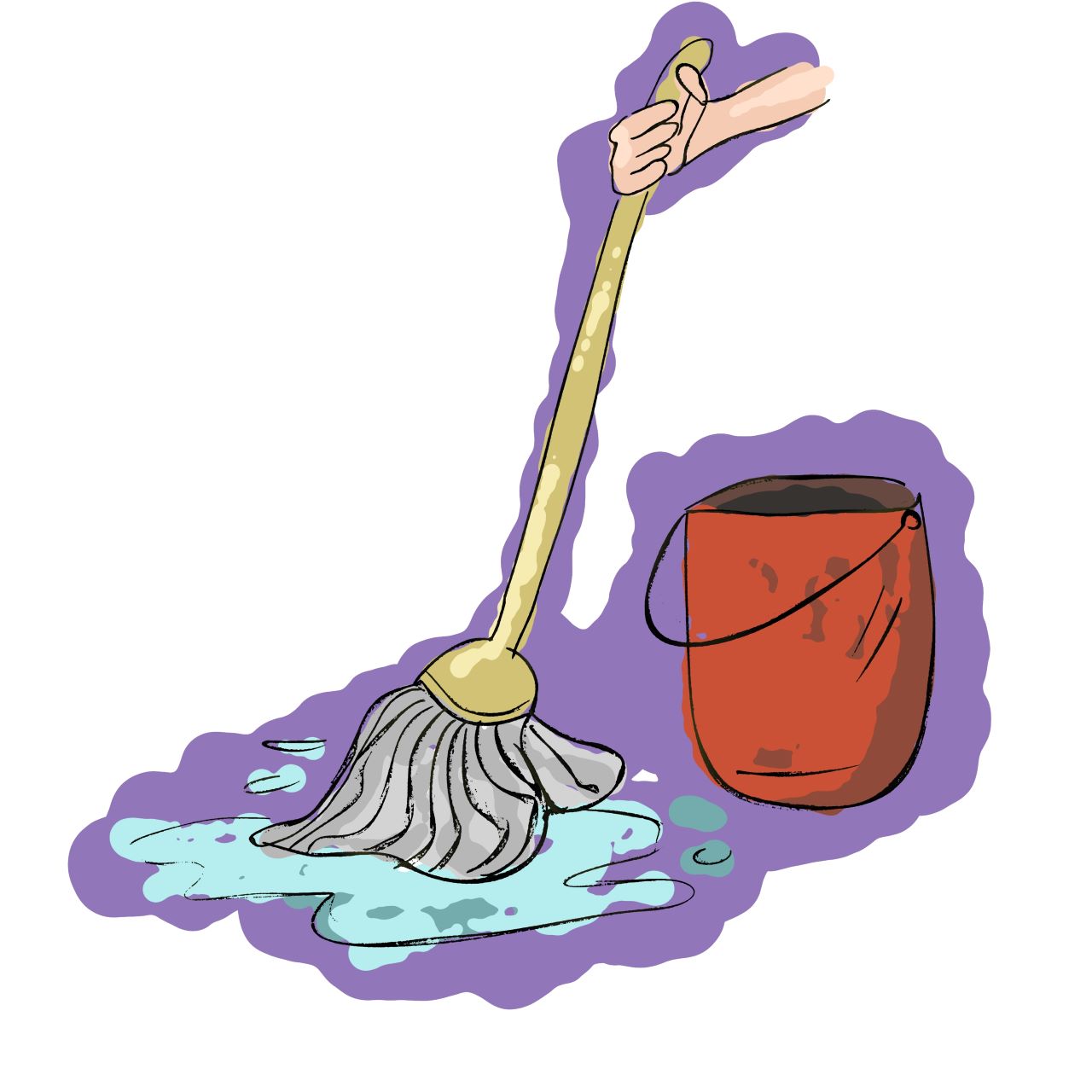 Ilustracijom je prikazano pranje poda s kantom i mopom.