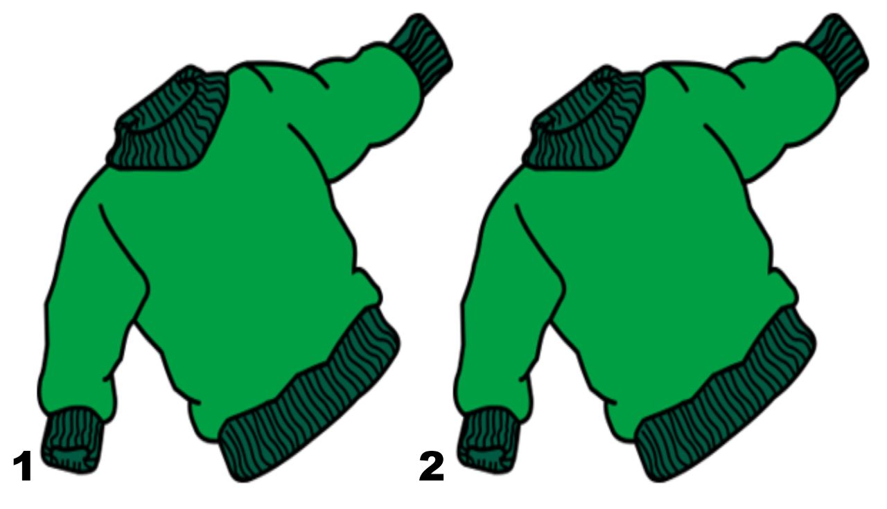 Ilustracijom su prikazana dva pulovera. Oba su zelena, iste veličine i istog izgleda. Lijevi je numeriran brojem 1, a desni brojem 2.