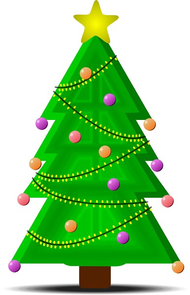 Ilustracijom je prikazano božićno drvce ukrašeno kuglicama i zvijezdom na vrhu.