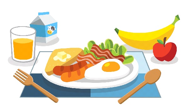 Ilustracijom je prikazan doručak sa sokom, mlijekom, voćem, jajima i kruhom.