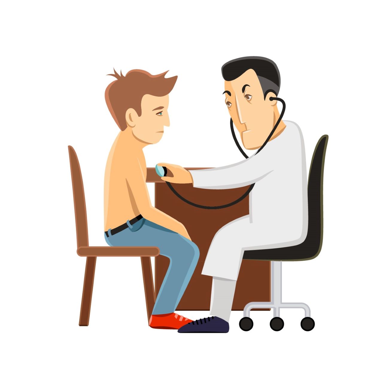 Ilustracija prikazuje dječaka koji ima problema pri disanju i liječnik mu sluša pluća.