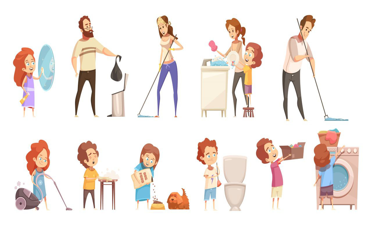 Ilustracijama su prikazani ljudi u raznim kućanskim poslovima.