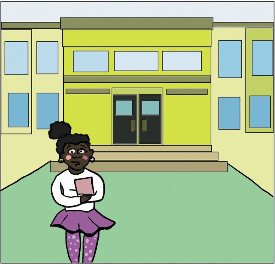 Ilustracijom je prikazana djevojčica koja stoji ispred svoje škole.