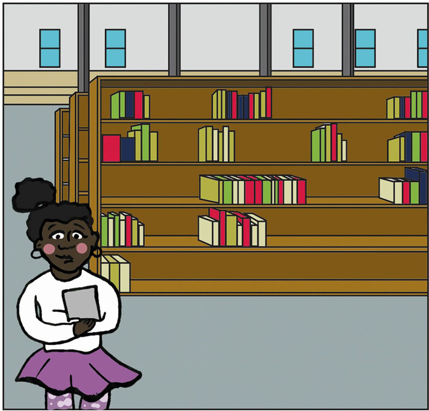 Ilustracijom je prikazana djevojčica koja se nalazi u školskoj knjižnici.