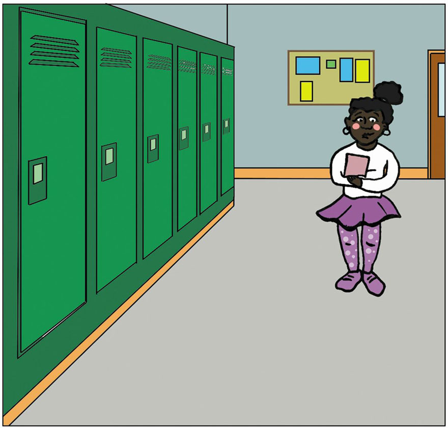 Ilustracijom je prikazana djevojčica u školskom hodniku punom školskih ormarića.