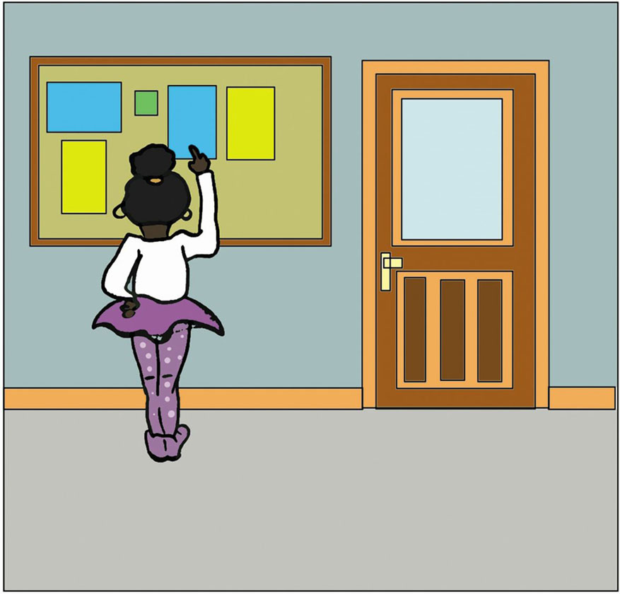 Ilustracijom je prikazana djevojčica koja stoji ispred zbornice i gleda u školski pano.