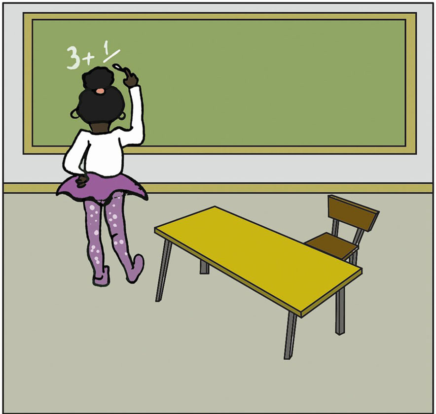 Ilustracijom je prikazana djevojčica u školskoj učionici gdje piše po ploči.