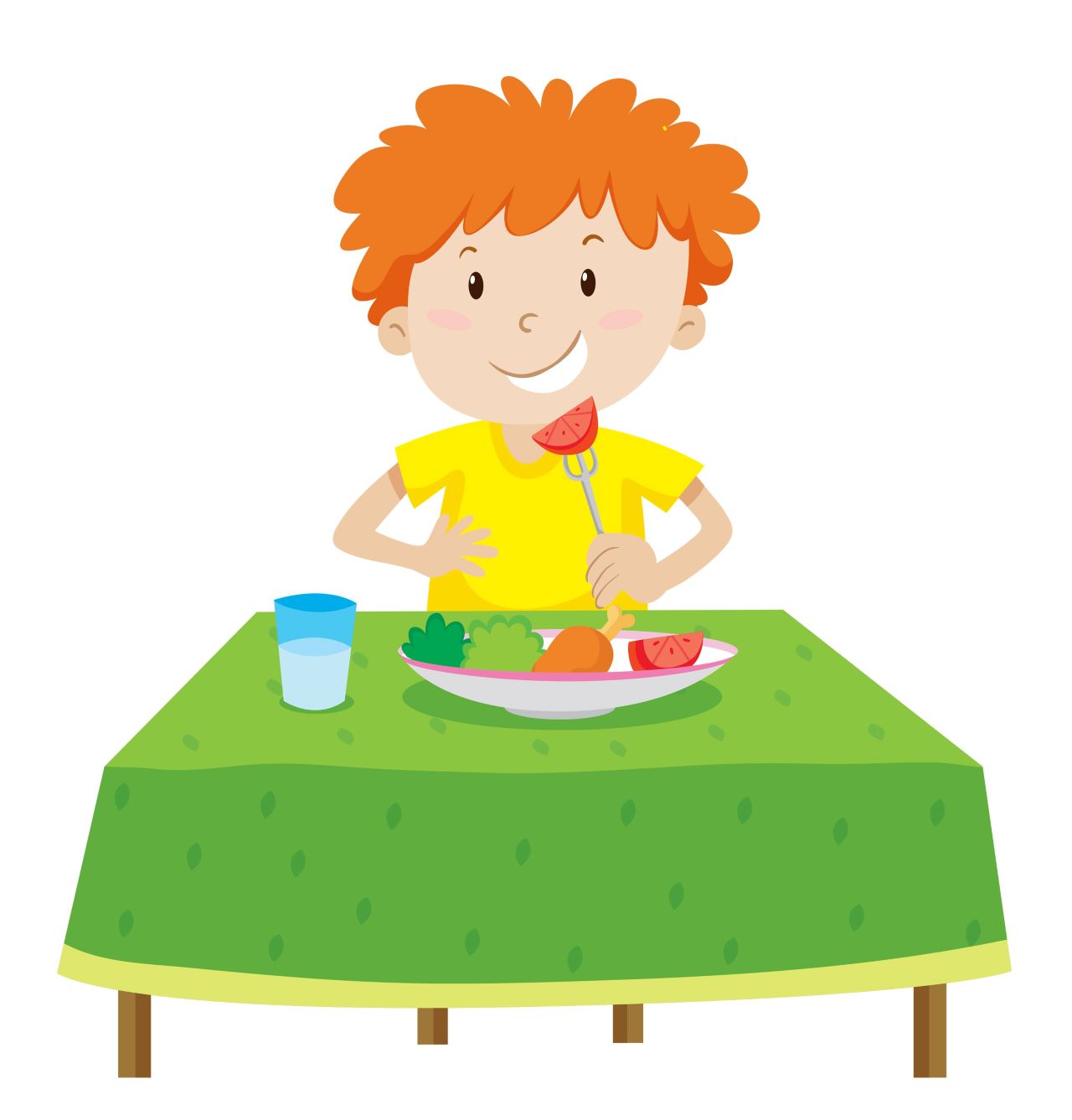 Na ilustraciji je prikazan dječak koji doručkuje.