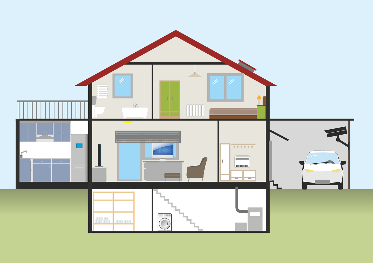 Ilustracijom je prikazana kuća kroz koju se vide garaža, dnevni boravak i kuhinja u prizemlju te spavaća i radna doba na prvom katu.