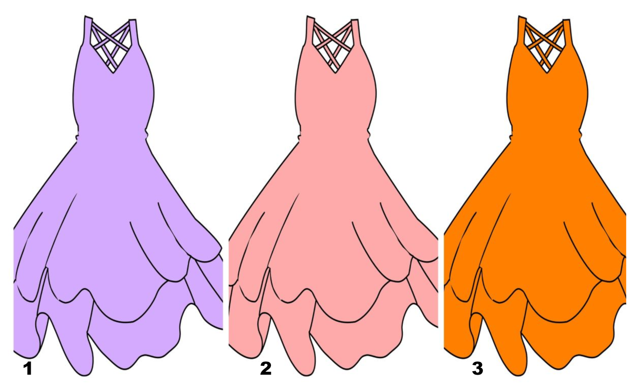 Ilustracijom su prikazane tri haljine jednakoga kroja, ali različitih boja koje stoje redom: ljubičasta (1), roza (2) i narančasta (3).