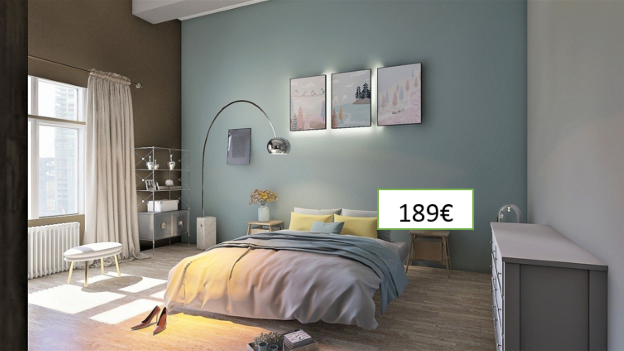 Slikom se prikazuje spavaća soba s dvostrukim bijelim krevetom, dostava unutar 3 dana, za 189 eura.