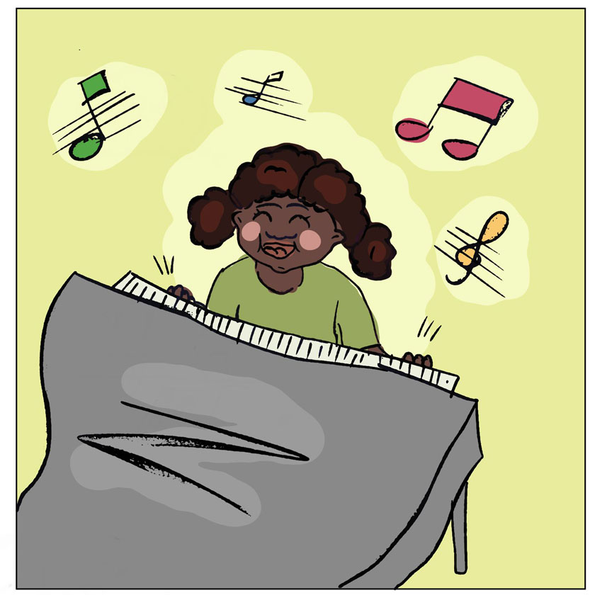 Ilustracijom je prikazana djevojčica Malú kako svira klavir i pjeva na nastavnom satu Glazbene kulture.
