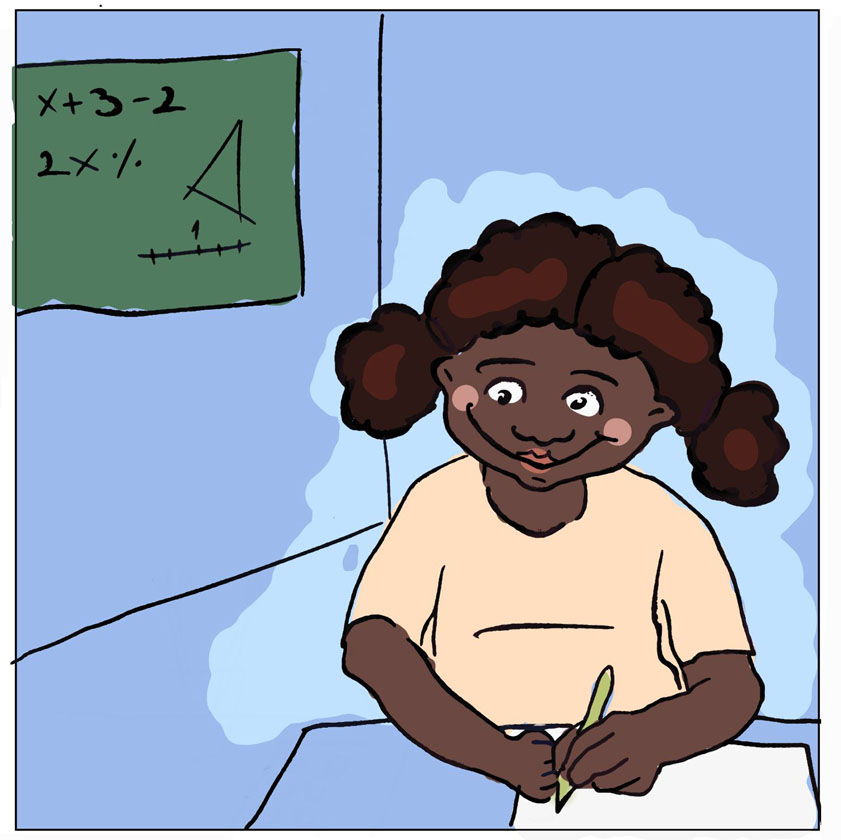 Ilustracijom je prikazana djevojčica Malú kako rješava zadatke računskim operacijama na nastavnom satu Matematike.