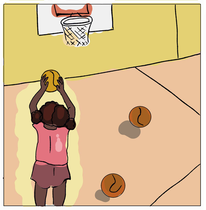 Ilustracijom je prikazana djevojčica Malú kako igra košarku u sportskoj dvorani na nastavnom satu Tjelesne i zdravstvene kulture.