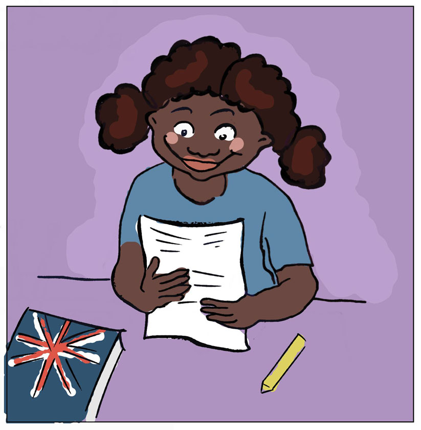 Ilustracijom je prikazana djevojčica Malú kako čita i uči engleske riječi uz rječnik, papir i olovku na nastavnom satu Engleskog jezika.