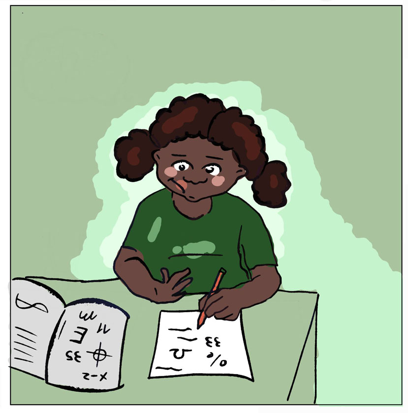 Ilustracijom je prikazana djevojčica Malú kako računa koristeći se formulama na nastavnom satu Fizike.