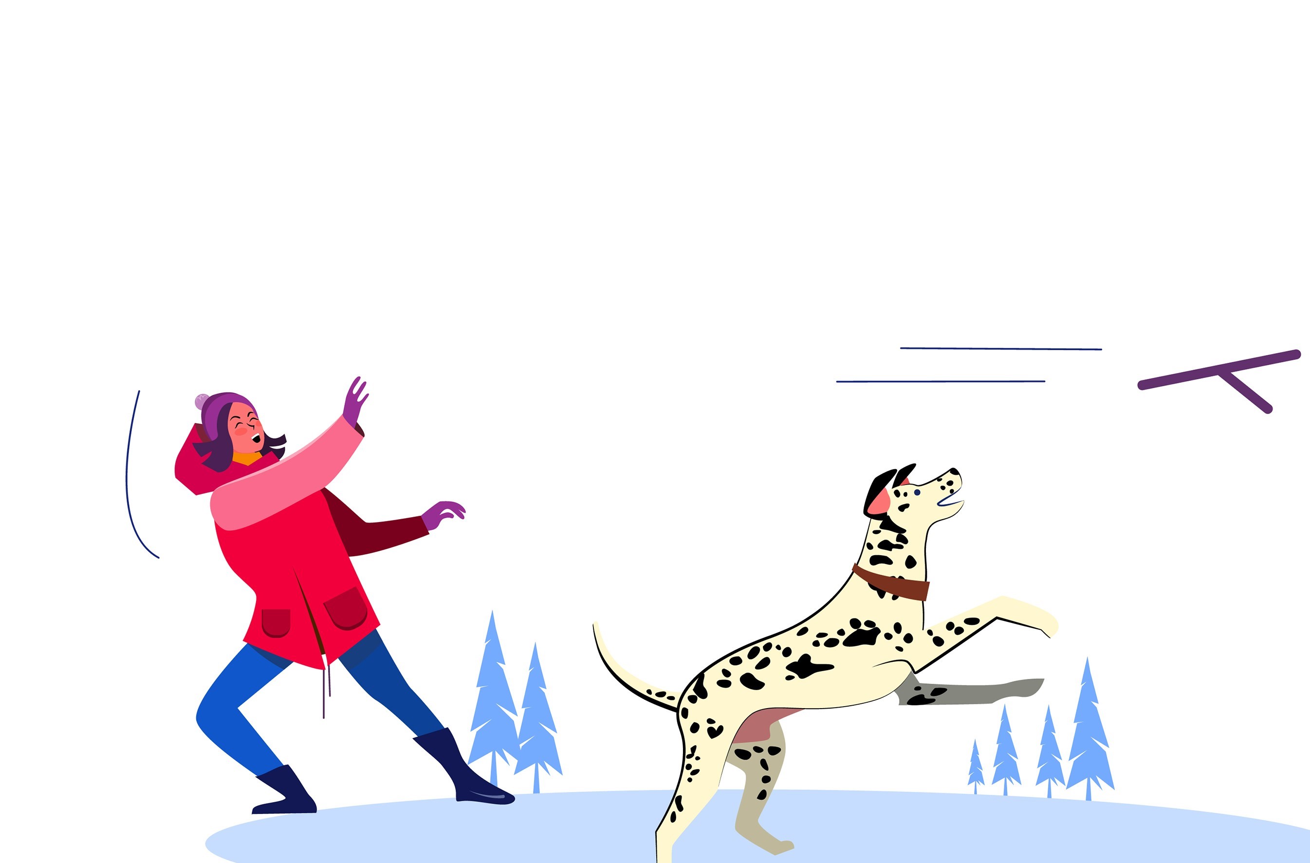 Ilustracija prikazuje djevojku i psa kako se igraju.