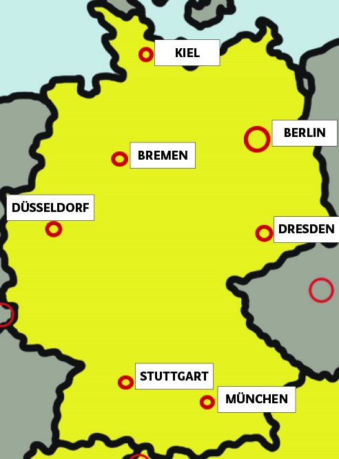 Ilustracijom se prikazuje karta Njemačke s istaknutih 7 njemačkih gradova.