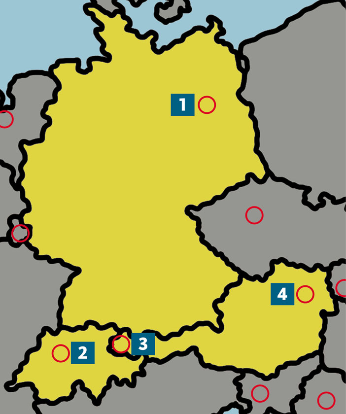 Na ilustraciji je prikazana slijepa karta Njemačke, Austrije, Švicarske, Lihtenštajna te susjednih zemalja, a crvenim kružićima označeni su glavni gradovi.