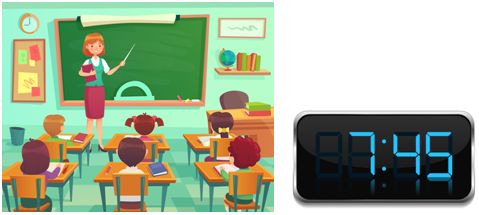 Ilustracijom se prikazuje učionica u kojoj se nalaze učenici i učiteljica te digitalni sat koji pokazuje da je 7.45.